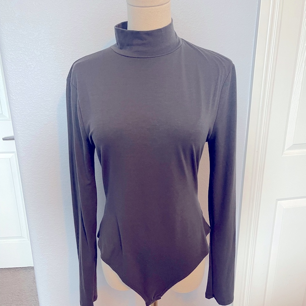 Zenana High Neck Long Sleeve Bodysuit, Ash Grey Size XL